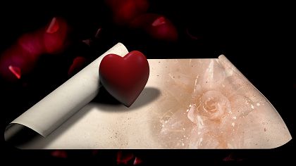Vorschaubild eines teilweise aufgerollten Papierbogens mit Rosenmotiv auf dem ein rotes Herz steht
