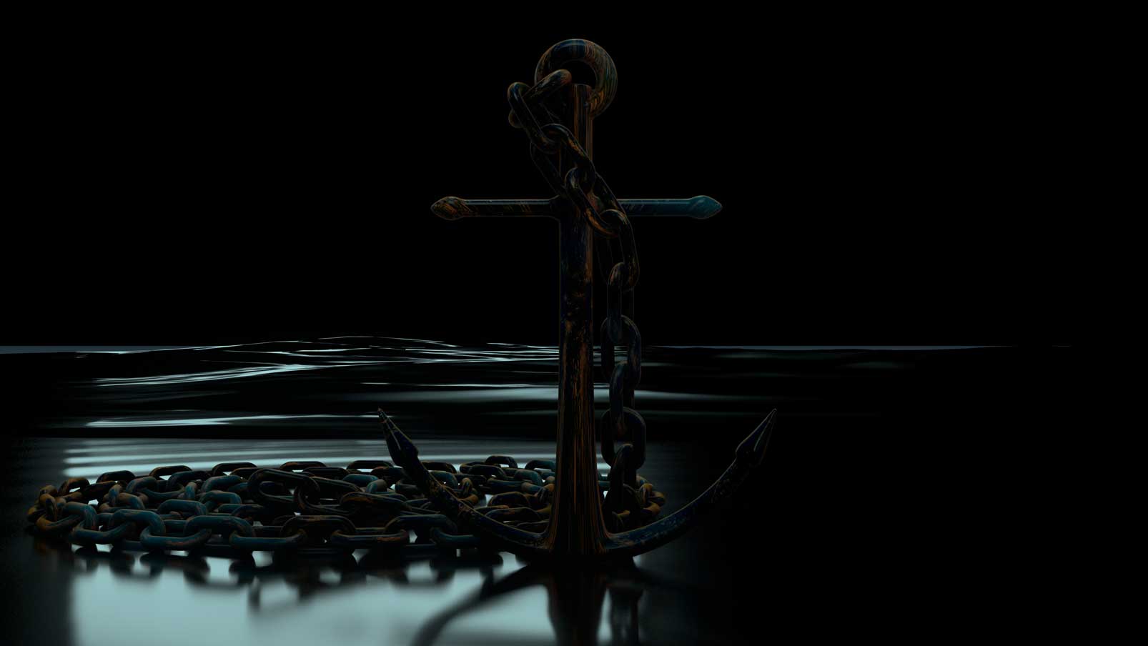 Vorschaubild eines stehenden rostigen Schiffankers mit Ankerkette